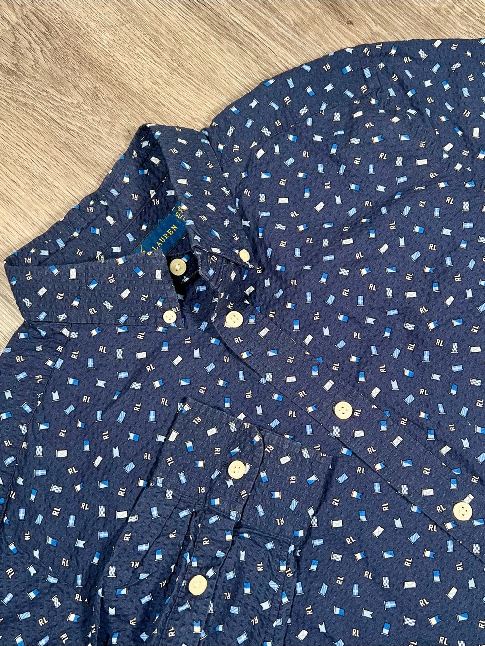 Ralph Lauren Boys XL Nautical Seersucker Long Sleeve Button Down Shirt Navy blue